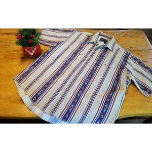 VTG Wrangler Pearl Snap Western Aztec Cowboy Long Tail Shirt Size 17 1/2 SSleeve